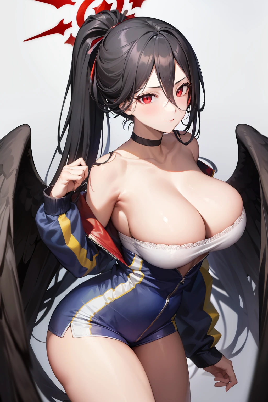 Blue Archive Hasumi, hasumi, Black hair, hair between eye, Long hair, mole, mole in breast, mole under the eyes, (Red Eyes:1.5), wings, Black wings, low wings, Feathered wings, (large full breasts:1.2),Blake Blue Jacket, Blue shorts, Choker, clavicle, gymnastic suit, High Ponytail, Jacket, Long sleeves, official alternate costume, Shirt, Short shorts, Shorts,  White shirt,BREAK looking at viewer, BREAK (masutepiece:1.2), Best Quality, High resolution, Unity 8k Wallpaper, (Illustration:0.8), (Beautiful detailed eyes:1.6), extra detailed face, Perfect Lighting, extremely details CG, (Perfect hands, Perfect Anatomy),plein air、outside of house、A smile