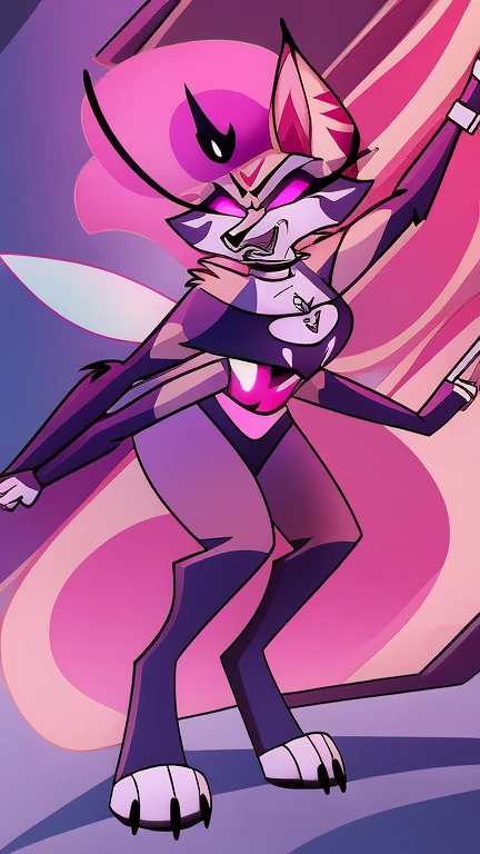 (masterpiece, best quality:1.2), Queen Bee female hellhound, wolf, furry, helluva boss, hypnotized with glowing purple eyes without iris or pupils, using a Pulse Rifle, Energy Rifle, Futuristic assault rifle, fight action pose, angry growling, full body image, laboratory background
