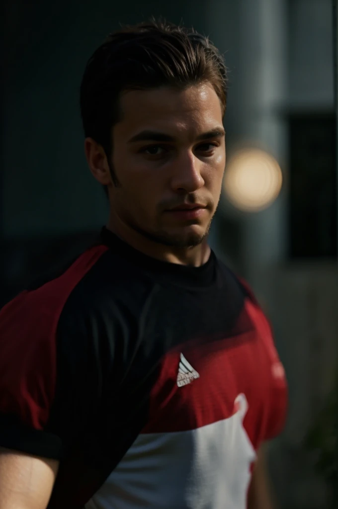 Caucasian man, football player, with the ball in your right hand, vestindo uma Flamengo's jersey, Flamengo's jersey, man with spotlight in the background highlighting his blouse and the Flamengo emblem
