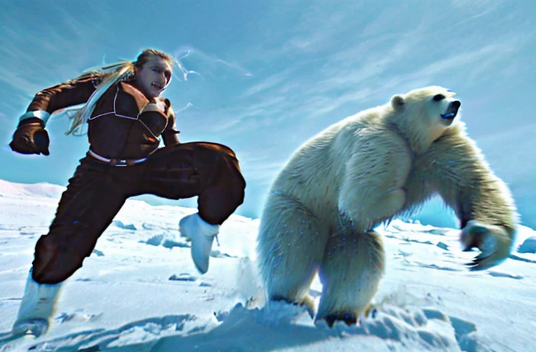 Girl attacking bear cososos, Bear attacks woman with a kick in the face , Female astronaut gets attacked in the face by polar bear , A frontal image of the moment of a polar bear attack on Expectador . The polar bear attacks the spectator with his binges, the bear is furious . Animal rage rage 