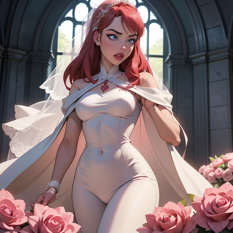 Wedding day, dreamy garden of pink flowers, bride red hair, heavy makeup, eyelashes, red lipstick, crystal blue eyes, high detail white wedding dress, sexy breasts, pink damask roses garden background, amazing sky, waiting for the groom , full body , updress, full_nelson_sex, grabbed from behind, uplegs held, pussyfuck