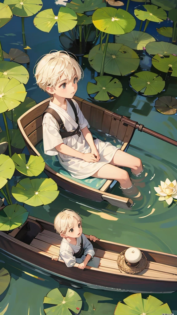 A child sitting on a boat in the lotus pond