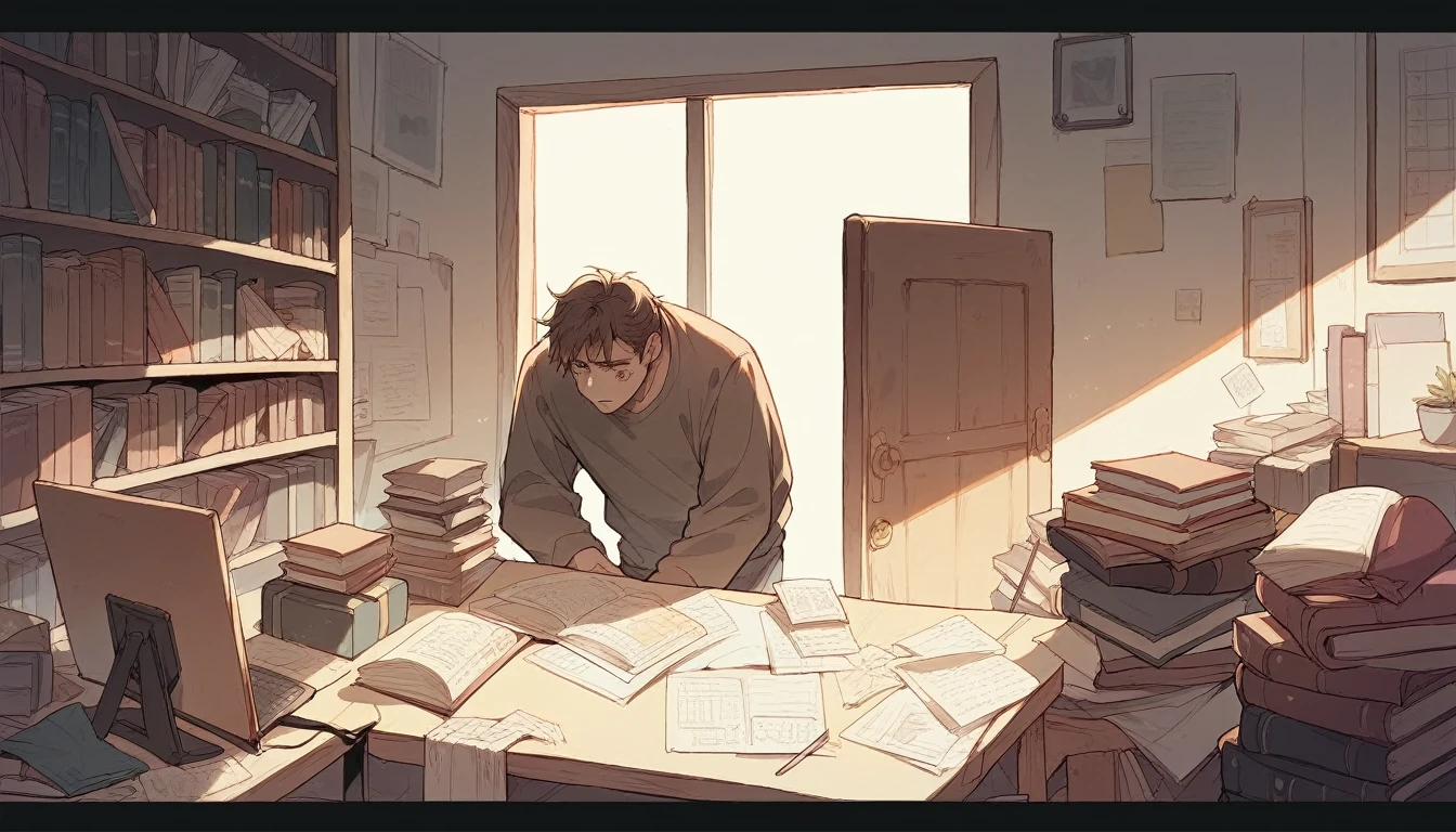 a relatively room with lots of books and a computer, a standing man