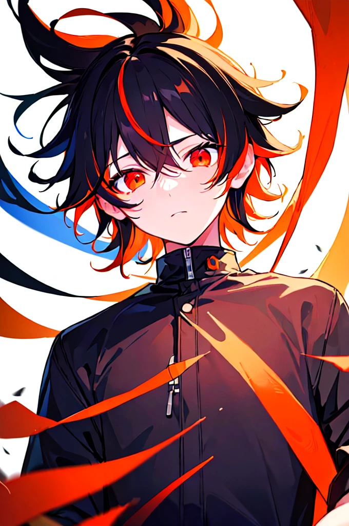 [(WHITE BACKGROUND:1.5),::5], ((((masterpiece)))), high quality, ultra very high resolution, full color, (((solo))), ((little boy)), black hair, ((orange streaked hair)), (red eyes), anime, ((upper body)), neon light, black parka,