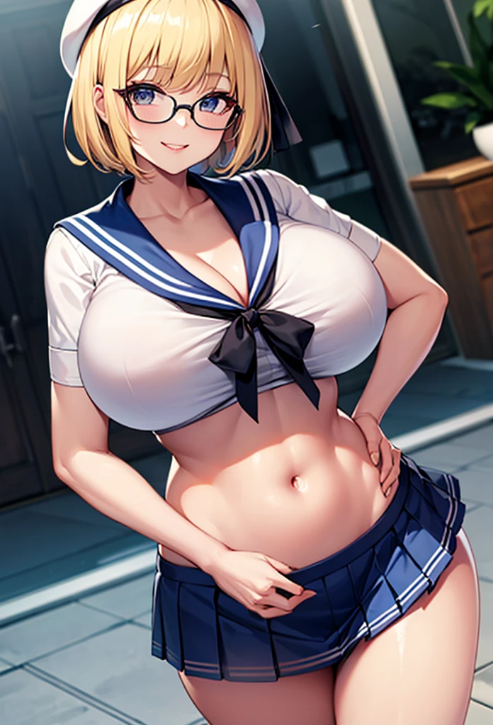 White sailor hat,blonde hair,short hair,sailor top outfits,blue mini skirt,seductive smile,look at viewer,bigbreast,wide hips,thicc tigh,glasses,black ribbon