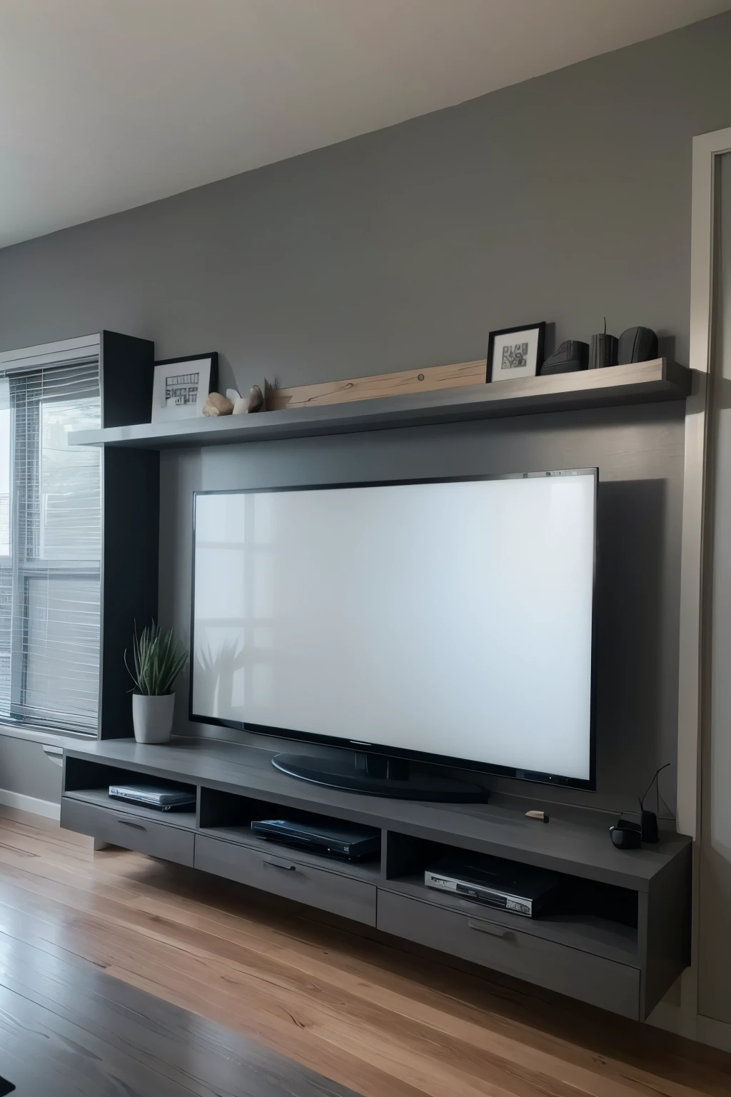 Wall of 2.60 meters high by 3 meters long painted in matte black, 50” inch screen in the center, on the right side decorated with thin strips of wood in gray, Below the screen there is a floating shelf in gray