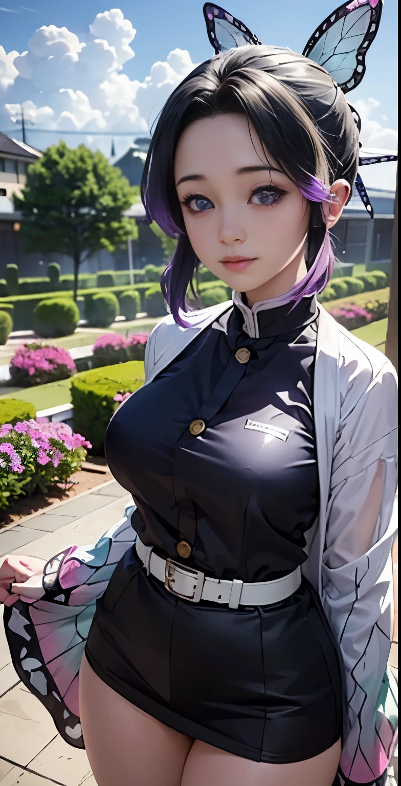 Ultra-realistic 8K CG,masterpiece,((Highly detailed background, Delicate pattern, Intricate details)),mini skirt、beautiful 、White panties are visible in the Iaido pose.、front、beautiful thighs、Highest quality,very detailed face,とてもbeautiful目 and face,とてもbeautiful目,Kocho Shinobu,Colorful Hair,No bangs,Hair Intake,Purple eyes,amount,,belt,(garden:1.2),Purple Flower,a bit,cloudy null,sunlight,Tyndall effect,slope_null,face,Gorgeous null,West Saver,Attractive posture,