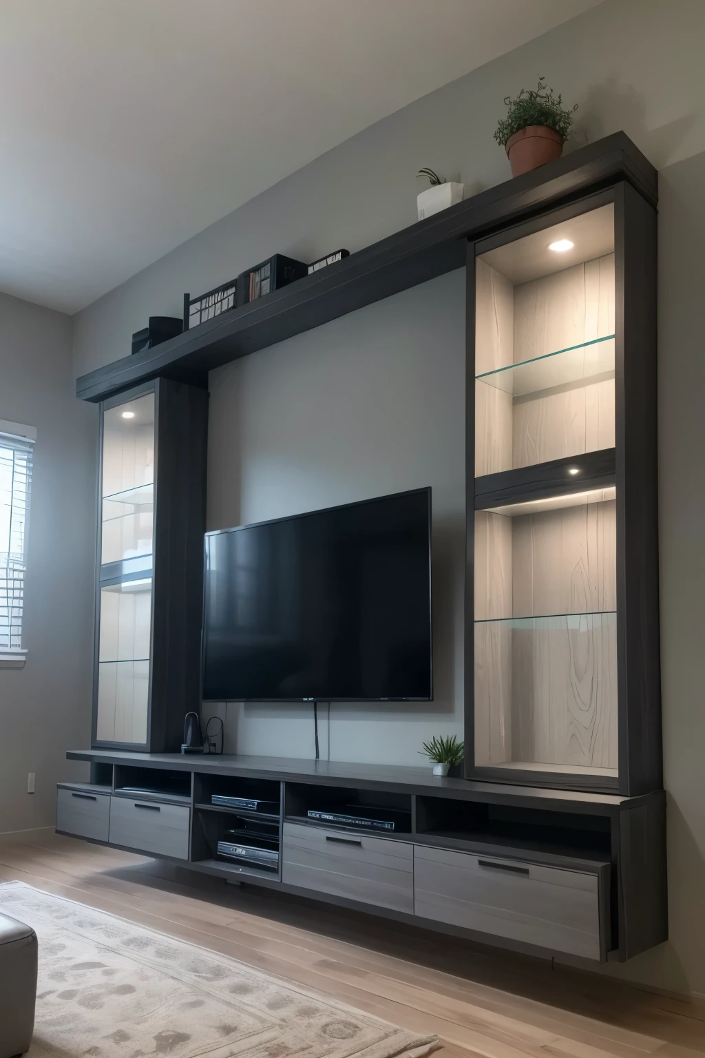 Wall of 2.60 meters high by 3 meters long painted in matte black, 50” inch screen in the center, on the right side decorated with thin strips of wood in gray, Below the screen there is a floating shelf in gray