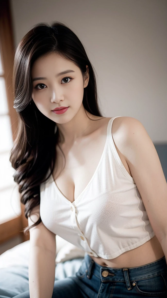 best quality, masterpiece, beautiful and aesthetic, 16K, (HDR:1.4), high contrast, bokeh:1.2, lens flare, (vibrant color:1.4), (muted colors, dim colors, soothing tones:0), cinematic lighting, ambient lighting, sidelighting, Exquisite details and textures, cinematic shot, Warm tone, (Bright and intense:1.2),Filming:1.5, breast:1.3, on the bed:1.2, Denim shorts:1.2, Fitness:1.2, best quality, masterpiece, Ultra-high resolution, Reality:1.4, Realistic skin texture:1.3, Willow Waist, Cowboy shooting, Low profile, night, 1 Girl, Beautiful and delicate eyes, Brown eyes, White vest:1.3, brown hair:1.2, Very long hair:1.7,with a round face, 32 inches in the chest,(a charming smile:1), (sexy pose),, (Cute boyish Korean girl, Tomboy),