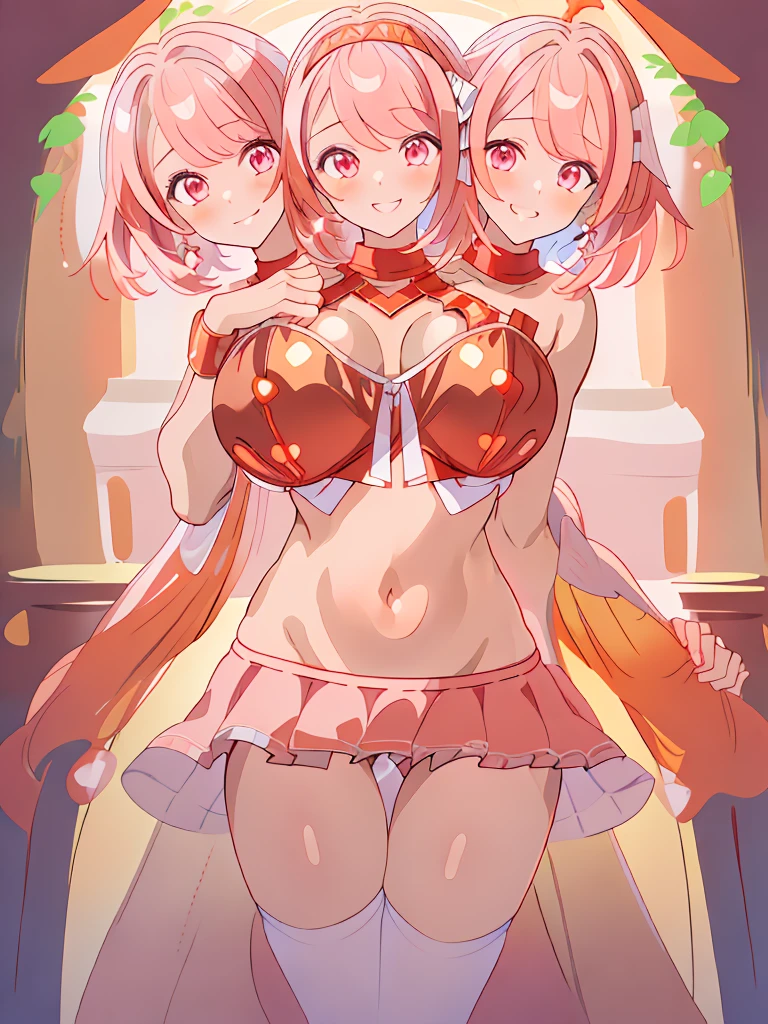 (masterpiece, best quality), best resolution, (3heads:1.5), 1girl, light pink hair, smiling, soft smile, open belly, red crop top, dark brown miniskirt, open breasts, huge tits, sexy pose, beautiful eyes, orange eyes, alluring presence, beautiful eyes, detailed eyes, sexy, red headband