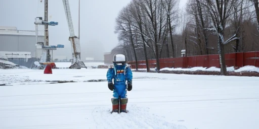 The astronaut is repairing a huge machine , Snowy scenery, ground with lots of snow