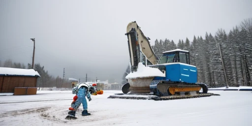 The astronaut is repairing a huge machine , Snowy scenery, ground with lots of snow