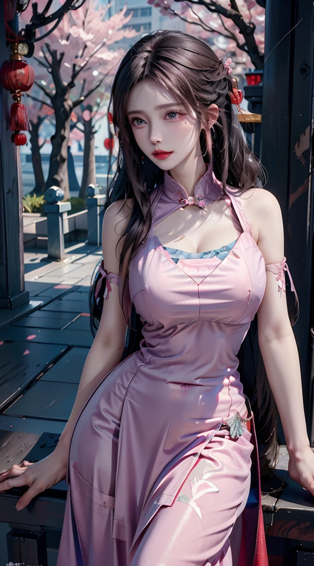 photorealistic, high resolution, 1women, shining skin, solo, tattoo, jewelry, pink lip, long hair, blue eye, closed mouth, hips up, chinese dress, cherry blossoms, huge round