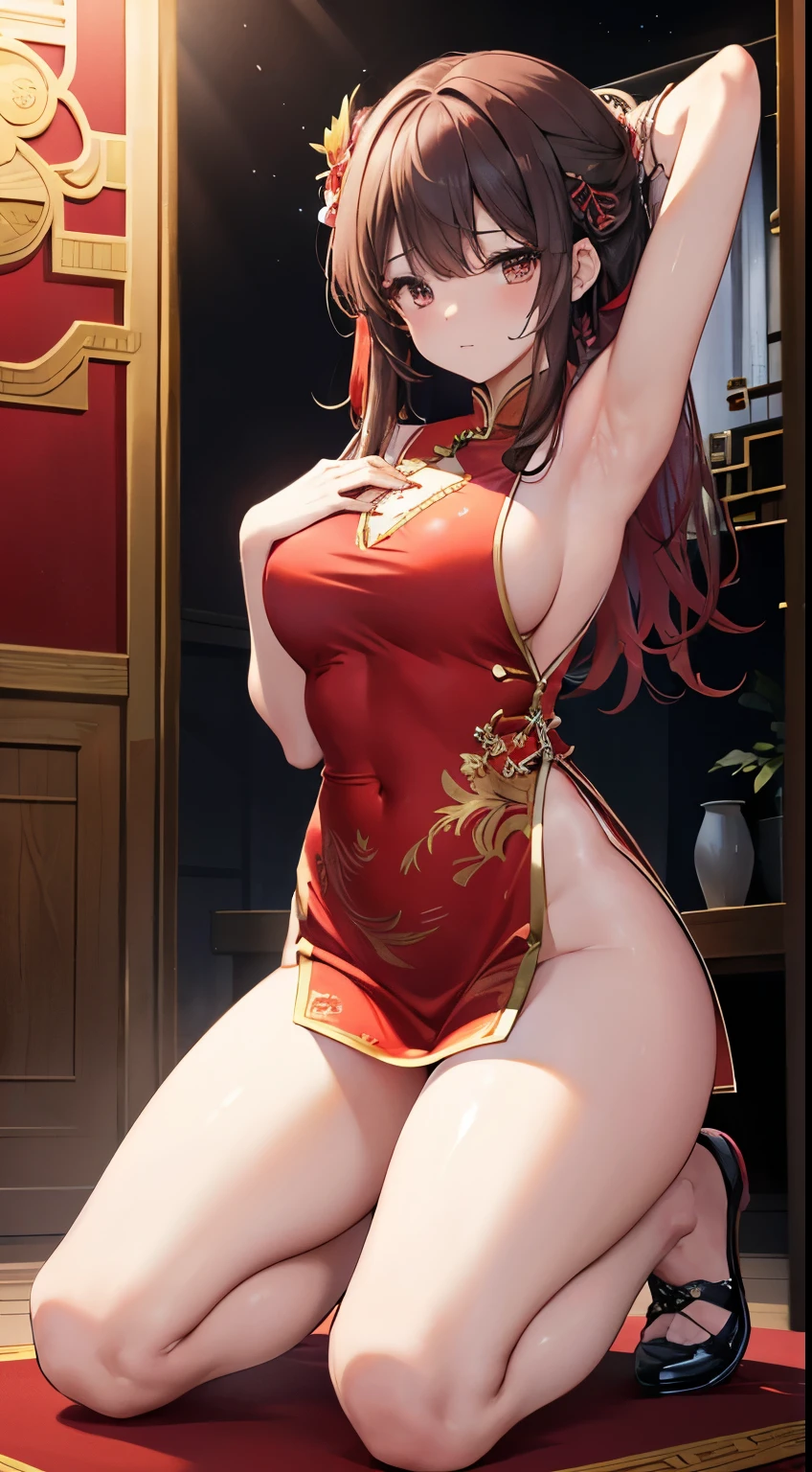 8K,Ultra-clear,A girl,Wearing a vest and a long red cheongsam,Wearing a vest and a long red cheongsam,Wearing a vest and a long red cheongsam,Royal sisters,Around 18 years old,black eyes,huge ,Tight,Face Optimization,Open your thighs,Look at the face,transparent,Ball Head,Support chest with elbows,Chinese idol,side view,Nail Art,Five fingers,Standard stature,8K,looking away up,Filming,There are lateral breasts,blush,Sweating all over the body,Look at the armpits,Look at the armpits,,When you see your armpits, You can see your side ,Duck sitting,Wear cloth shoes,Five fingers,Two hands,kneel,kneel,Large Breasts,Open your thighs