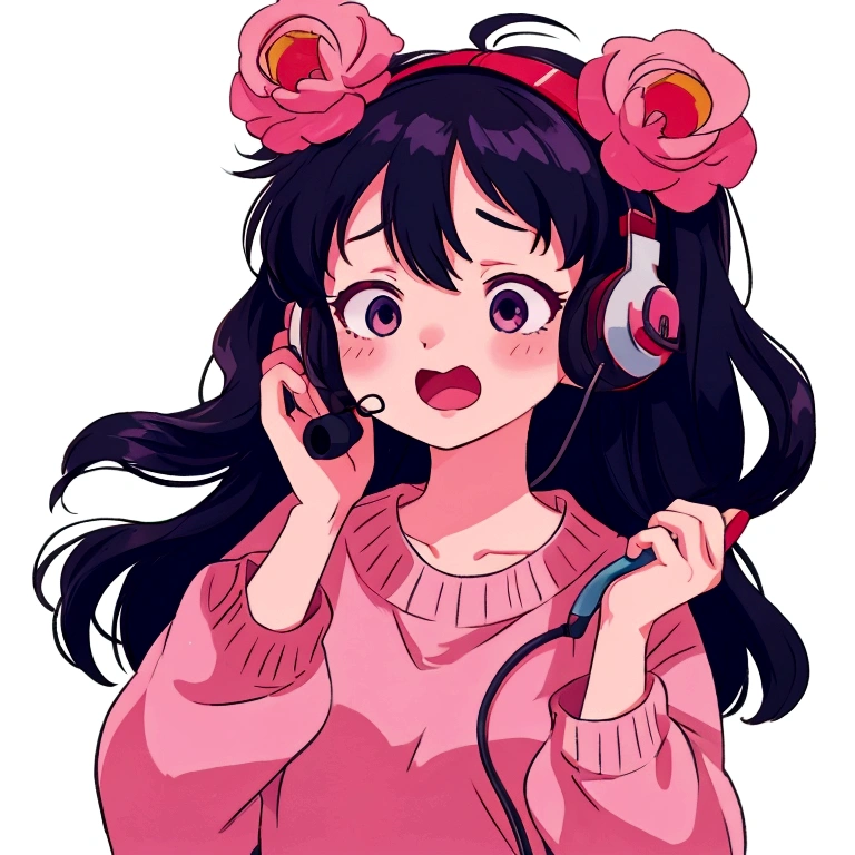 an anime girl with an expression of exhaustion and tiredness, in the 80s style using a telemarketing headset