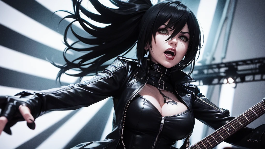 Heavy metal, biker chick with chains and spikes, ferocious expression, powerful female rock star, black leather, dressed in black leather jacket and torn jeans, dark eyeliner and black lipstick, heavy music, fierce woman, standing tall, epic guitar solo, guitar on fire, woman solo electric guitar, female guitarist of metal, woman playing the guitar, electric guitar made of metal, flames on stage, female rocker playing a concert, sexy