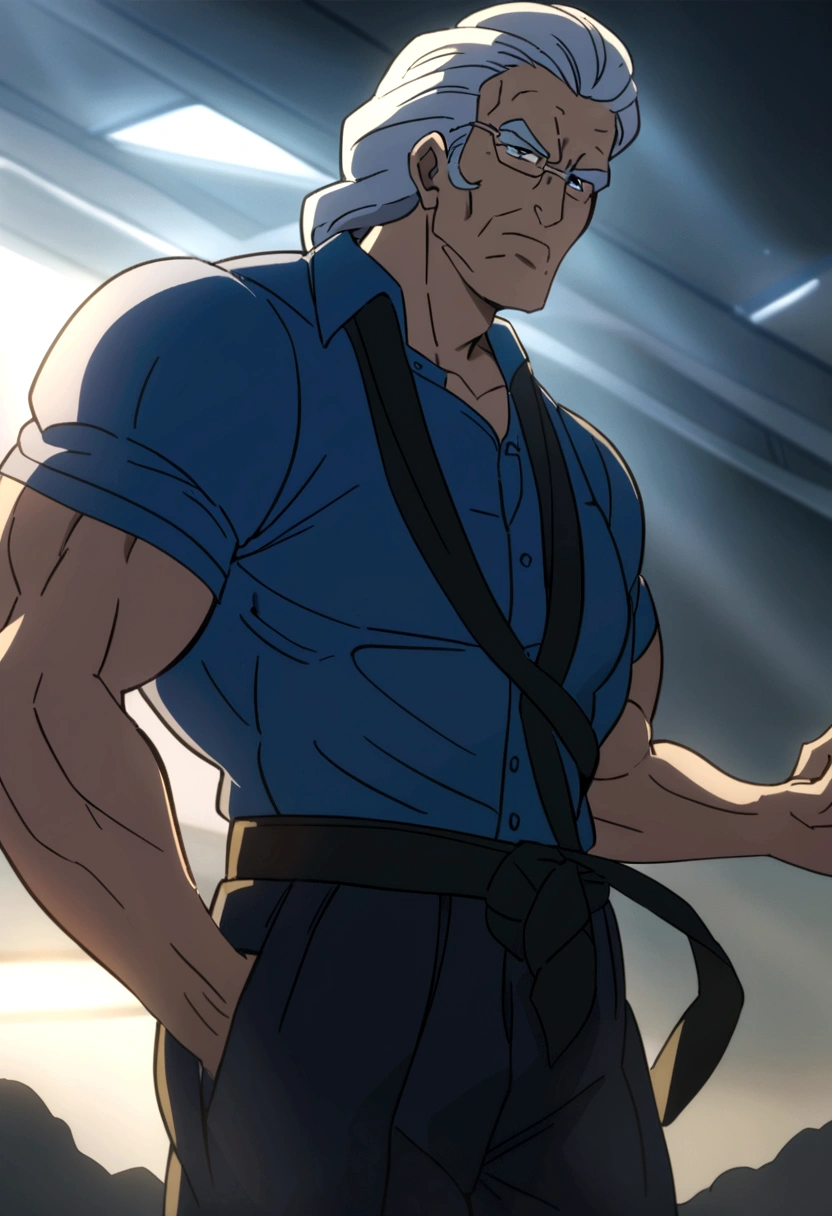 70 year old music teacher, muscular and sigma. He has a blue shirt and long tie. anime style