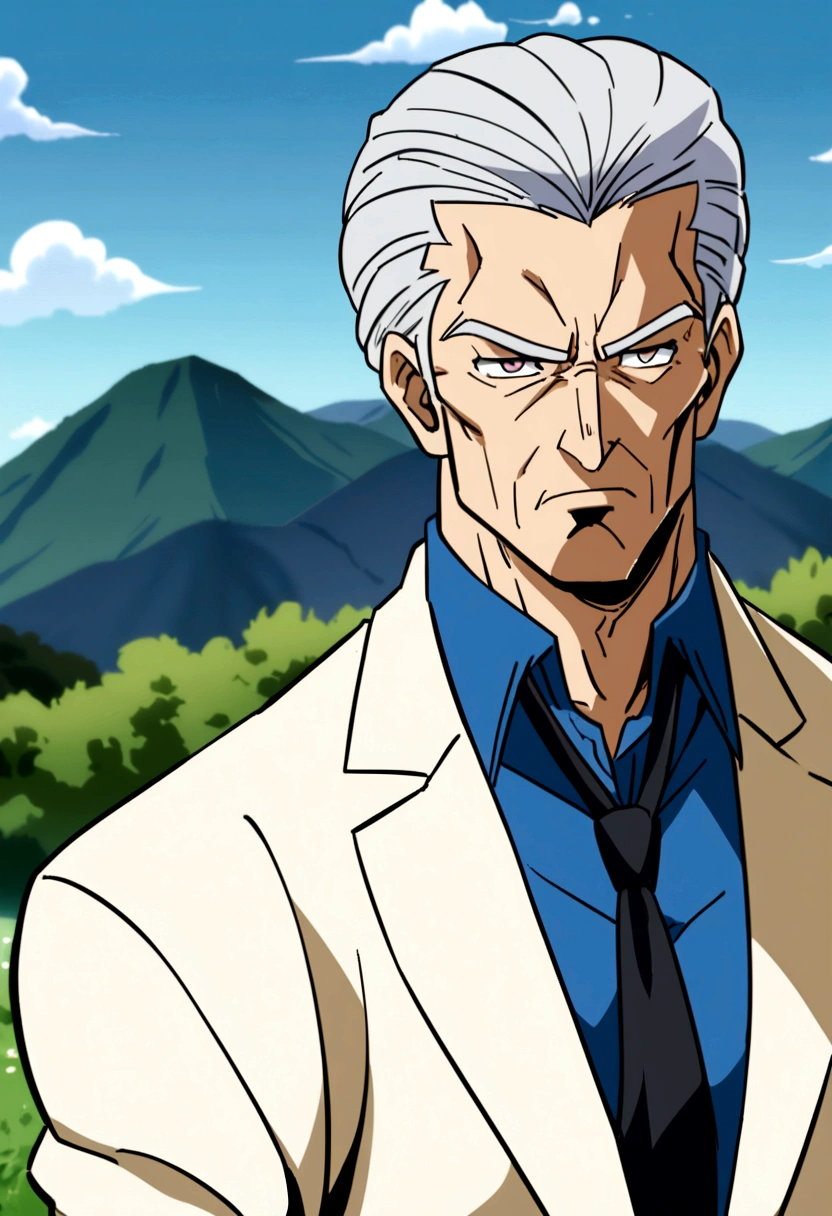 70 year old music teacher, muscular and sigma. He has a blue shirt and long tie. anime style