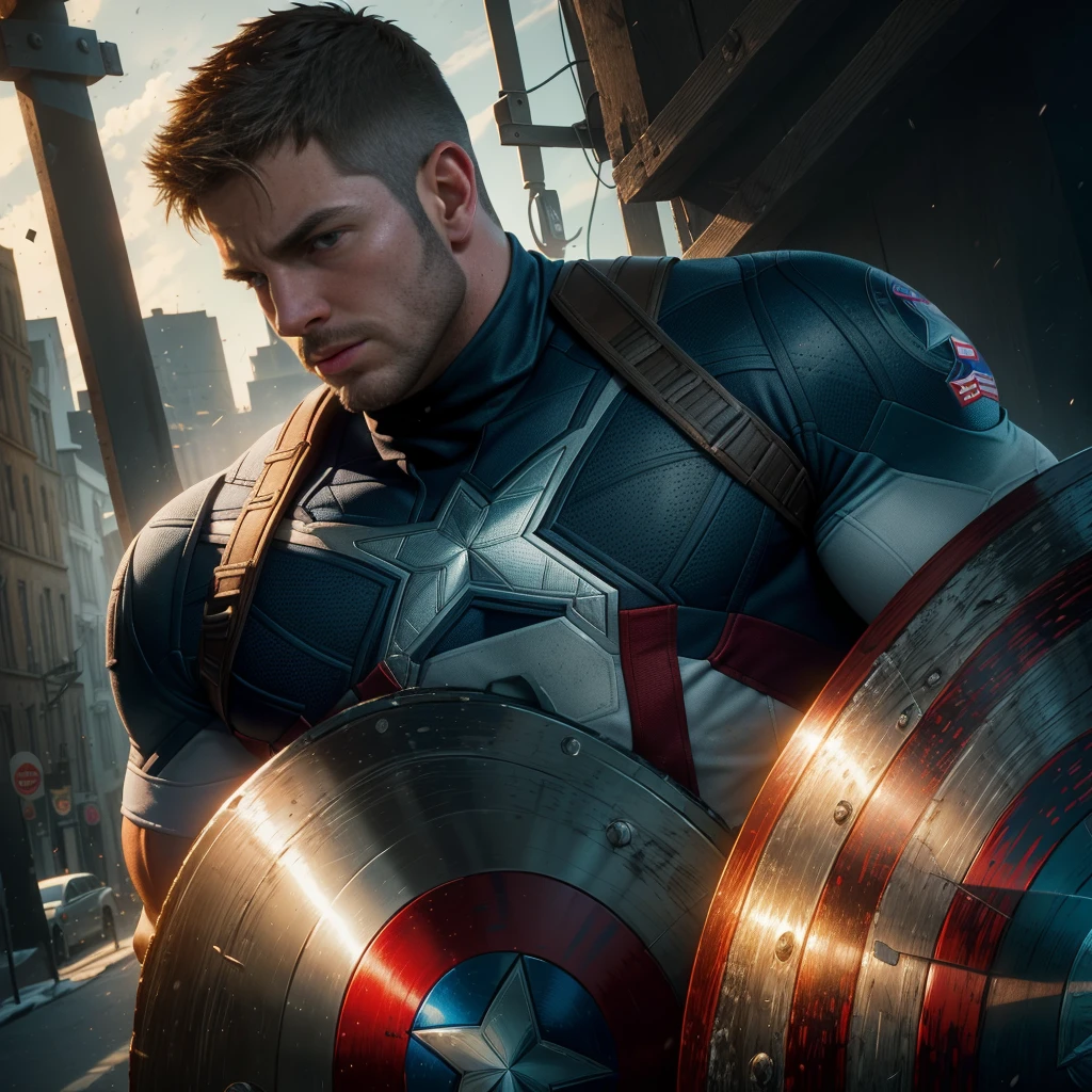 An award-winning original photo,A wild muscular man, (30 years old daddy:1.3), 1boy, Solo, (wearing a blue and red (captain america) costume), hazel hair, (big shoulderusculature, stubbles, Short beard, (Detailed face:1.3), (beautiful eyes:1.2), holding a circular star shield, Dynamic Angle, volumetric lighting, (Best quality, A high resolution, Photorealistic), Cinematic lighting, Masterpiece, RAW photo, Intricate details, hdr, depth of field, upper body
