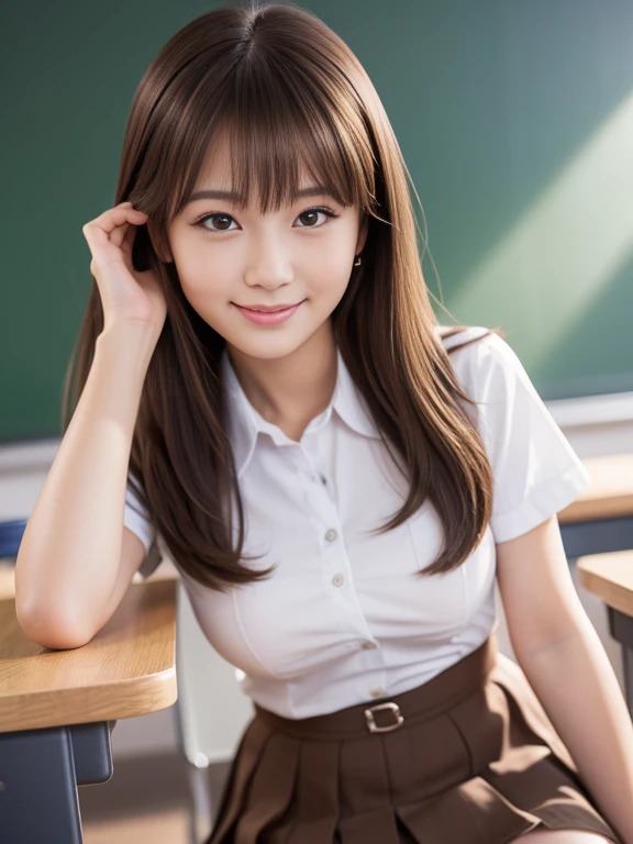 product quality, 1 school girl, front view, a Japanese young pretty girl, big breast, classroom, sitting on the desk, wearing mini skirt, hyper cute face, glossy lips, double eyelids for both eyes, (natural makeup), shiny smooth light brown hair of long hair, asymmetrical bangs, central image, 8K resolution, high detail, detailed hairstyle, detailed face, cinematic lighting, octane rendering, hyper realistic, perfect limbs, perfect anatomy, smile