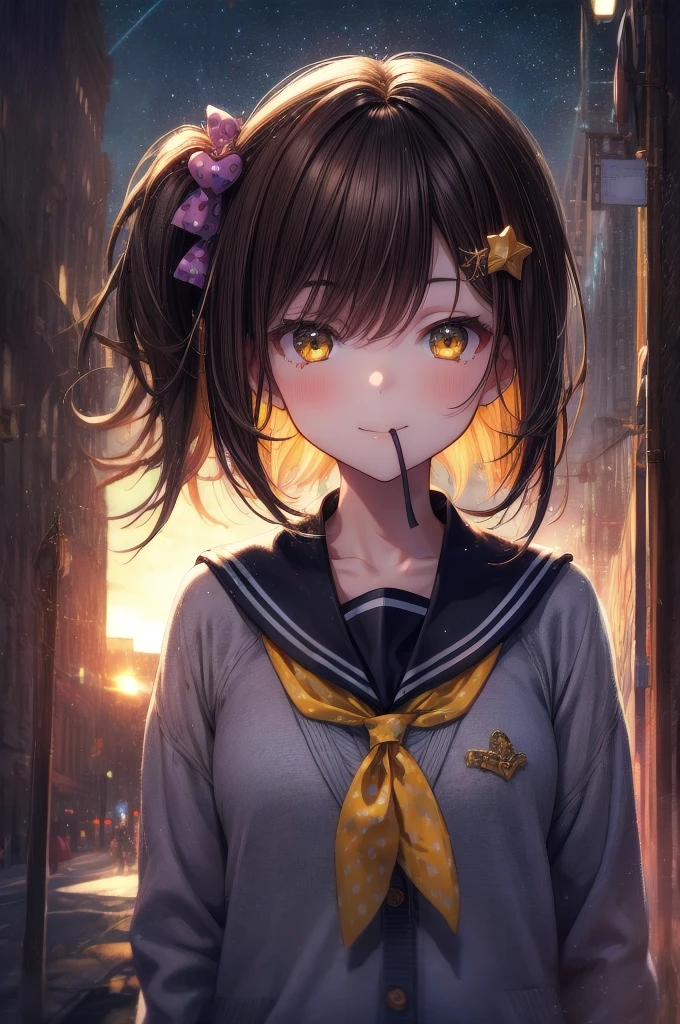 Ichige style, One girl, alone, Brown Hair, heart, hair ornaments, , Side Ponytail, smile, View your viewers, neckerchief, Upper Body, heart hair ornaments, cardigan, Sailor collar, Seraphim, black Sailor collar, bangs, Yellow Eyes, Mouth closed, Long Hair, Brown eyes, purple neckerchief, Striped background, clavicle, Striped, Polka dot pattern, star (symbol)