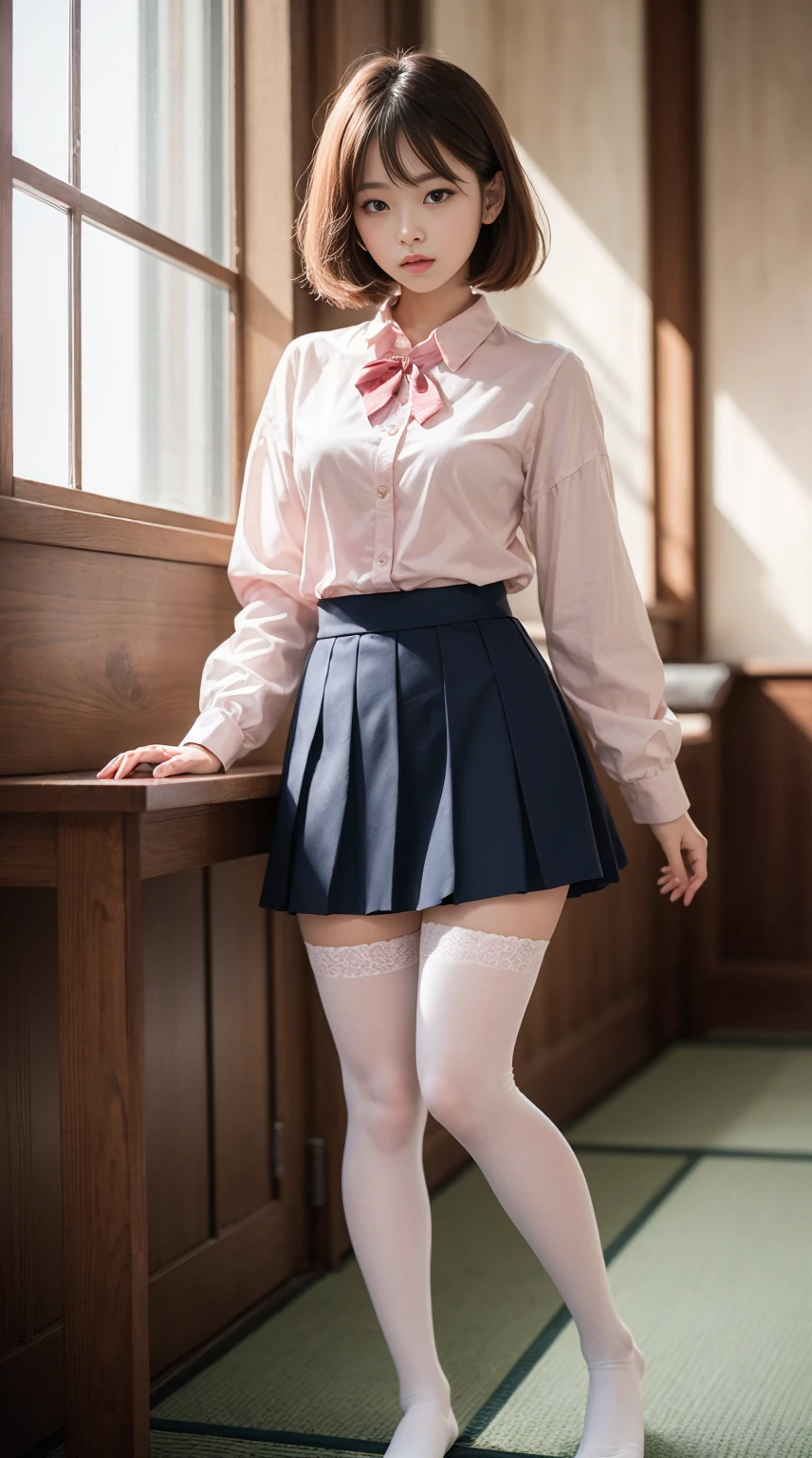 highest resolution、High level image quality、8K、true due diligence、원시 picturegraphy、top quality、masterpiece、table top、erotic、student、I like pink,white skin,knee,(flesh colored pantyhose),detail panties pattern、panties focus、pink panties、absurd,small face、 giant、중간에서 앞head 분리、The forehead is visible,(cold expression<꽉 It looks like,It looks like부심,Optimize,Thin anger)、masterpiece,top quality、Super high resolution A,원시 picture,wren,beautiful excrement,One, solo,dark expression,,whole body、Very good、JK ,High school girls,Japanese Female,stand,(photorealistic:1.37)、photon mapping,light blue ribbon,realistic、귀여운 small face,갈색 It looks like、Black socks、22 years old、(red bow tie)、radio city、physics based wrendering(물리 기반 wren더링)、Panorama、depth of fieldlurry background、picture,feminine,beautiful bridge, long legs, thin legs,long bob cut,(앞head가 보인다), head, Lips, blue_It looks like, cosoft,(pink shirt), (navy pleated skirt), knee이 다,thin clothes,, femur, black cotton socks,Nogizaka Idol, , Japan's island、반짝이는 It looks like、반짝이는 Lips、