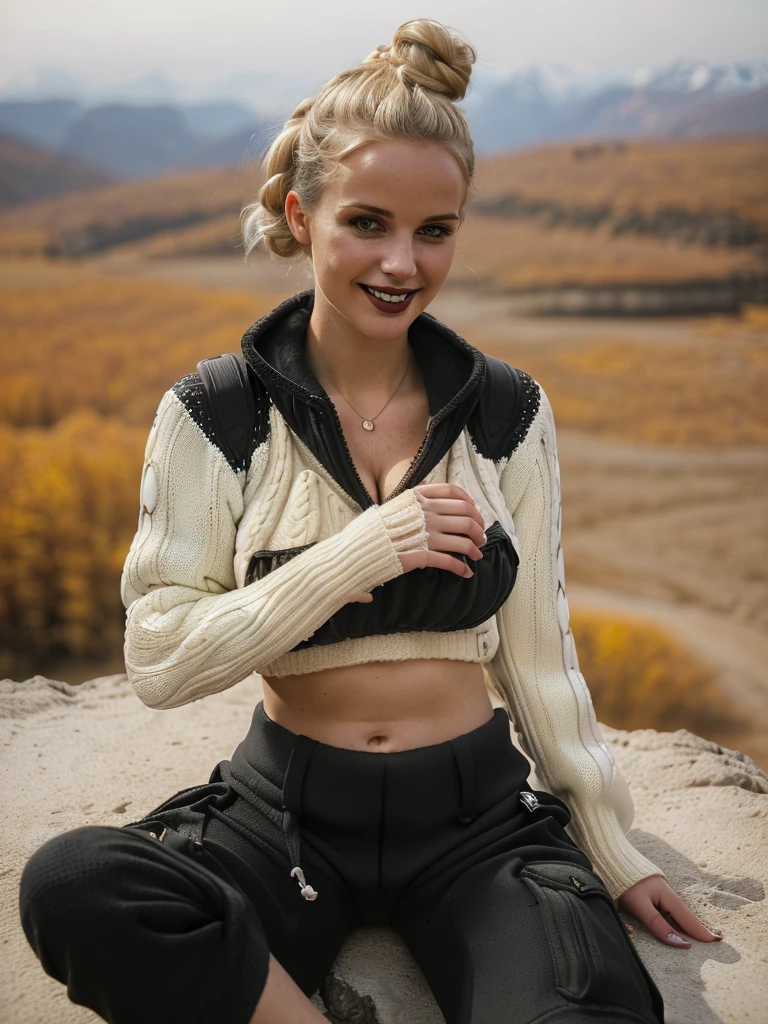 solo, photorealistic, wide shot, best quality, hyper detailed, 25 years old Circasssian woman, mature-looking face, boobies, high detailed deep wrinkles, beauty mark, intricate, (((messy bun blonde))), Circassian facial features, (((full body, (color white crop top winter Pullover casual Sweater:1.1), (color black cargo shorts:1.2), hiking in the Mountains, sunny fall day, cinematic light, beautiful woman, skinny, blond hair, detailed face, smile, facing the camera, photo taken from a distance, she walks away, her butt is visible))), (((cleavage))), dynamic pose, (((she is sitting seductively on the ground))), sits backwards, you can see her back, she is squatting, (((cleavage))), 