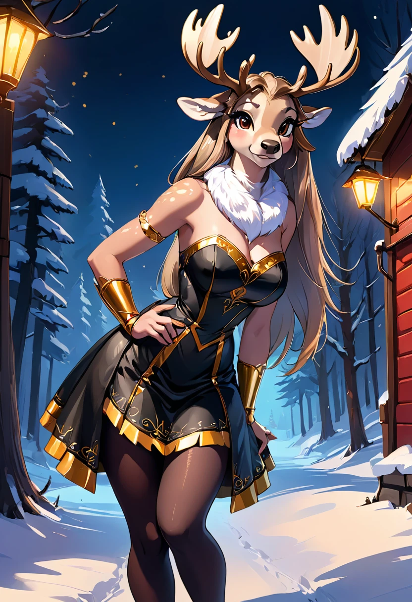 Create an illustration, Hand Painted, Full color image of an anthropomorphic moose woman. Christmas clothes dress up，Red and white Christmas clothes。Artwork should be presented in the following styles "Breath of the Wild," With warm lighting and shadows. Graphite Shader Included, Template Tags, And airbrush acrylic paint effect. Images should be of the highest quality, A masterpiece of exquisite detail. Deer woman should have a female, Humanoid, Furry appearance，Gold Skin. She should have full lips, A bright smile, Bright, Expressive eyes, Exudes beauty, cute, 和cute. Ensure high-resolution images with sharp details, With detailed and vivid background. Add mysterious lights in the background, Create a romantic and charming atmosphere.
