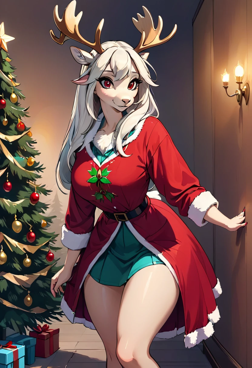 Create an illustration, Hand Painted, Full color image of an anthropomorphic moose woman. Christmas clothes dress up，Red and white Christmas clothes。Artwork should be presented in the following styles "Breath of the Wild," With warm lighting and shadows. Graphite Shader Included, Template Tags, And airbrush acrylic paint effect. Images should be of the highest quality, A masterpiece of exquisite detail. Deer woman should have a female, Humanoid, Furry appearance，Gold Skin. She should have full lips, A bright smile, Bright, Expressive eyes, Exudes beauty, cute, 和cute. Ensure high-resolution images with sharp details, With detailed and vivid background. Add mysterious lights in the background, Create a romantic and charming atmosphere.
