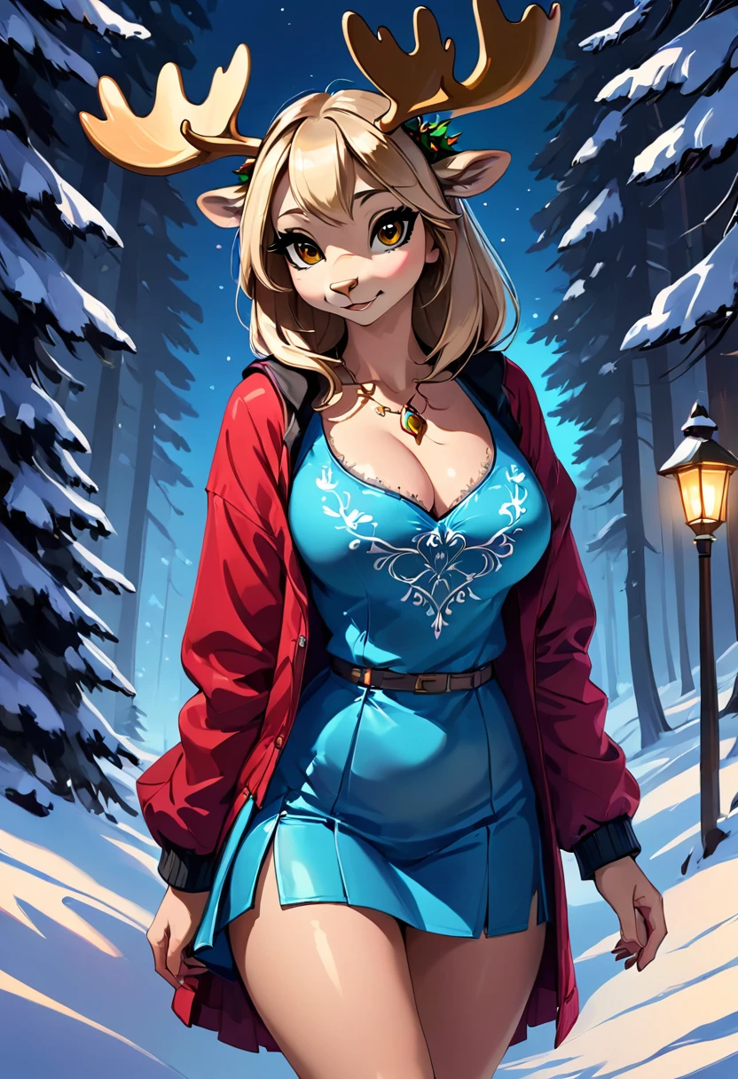 Create an illustration, Hand Painted, Full color image of an anthropomorphic moose woman. Christmas clothes dress up，Red and white Christmas clothes。Artwork should be presented in the following styles "Breath of the Wild," With warm lighting and shadows. Graphite Shader Included, Template Tags, And airbrush acrylic paint effect. Images should be of the highest quality, A masterpiece of exquisite detail. Deer woman should have a female, Humanoid, Furry appearance，Gold Skin. She should have full lips, A bright smile, Bright, Expressive eyes, Exudes beauty, cute, 和cute. Ensure high-resolution images with sharp details, With detailed and vivid background. Add mysterious lights in the background, Create a romantic and charming atmosphere.
