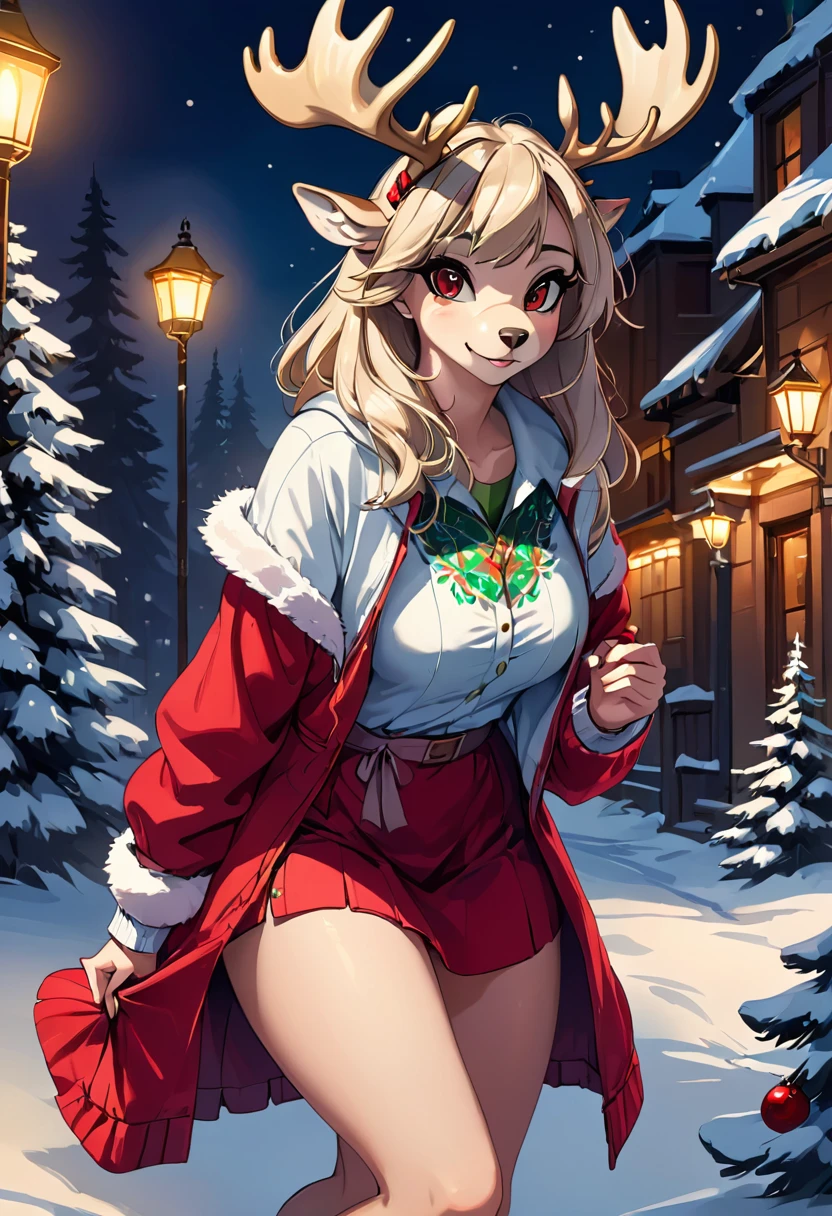 Create an illustration, Hand Painted, Full color image of an anthropomorphic moose woman. Christmas clothes dress up,Red and white Christmas clothes。Artwork should be presented in the following styles "Breath of the Wild," With warm lighting and shadows. Graphite Shader Included, Template Tags, And airbrush acrylic paint effect. Images should be of the highest quality, A masterpiece of exquisite detail. Deer woman should have a female, Humanoid, Furry appearance,Gold Skin. She should have full lips, A bright smile, Bright, Expressive eyes, Exudes beauty, cute, 和cute. Ensure high-resolution images with sharp details, With detailed and vivid background. Add mysterious lights in the background, Create a romantic and charming atmosphere.