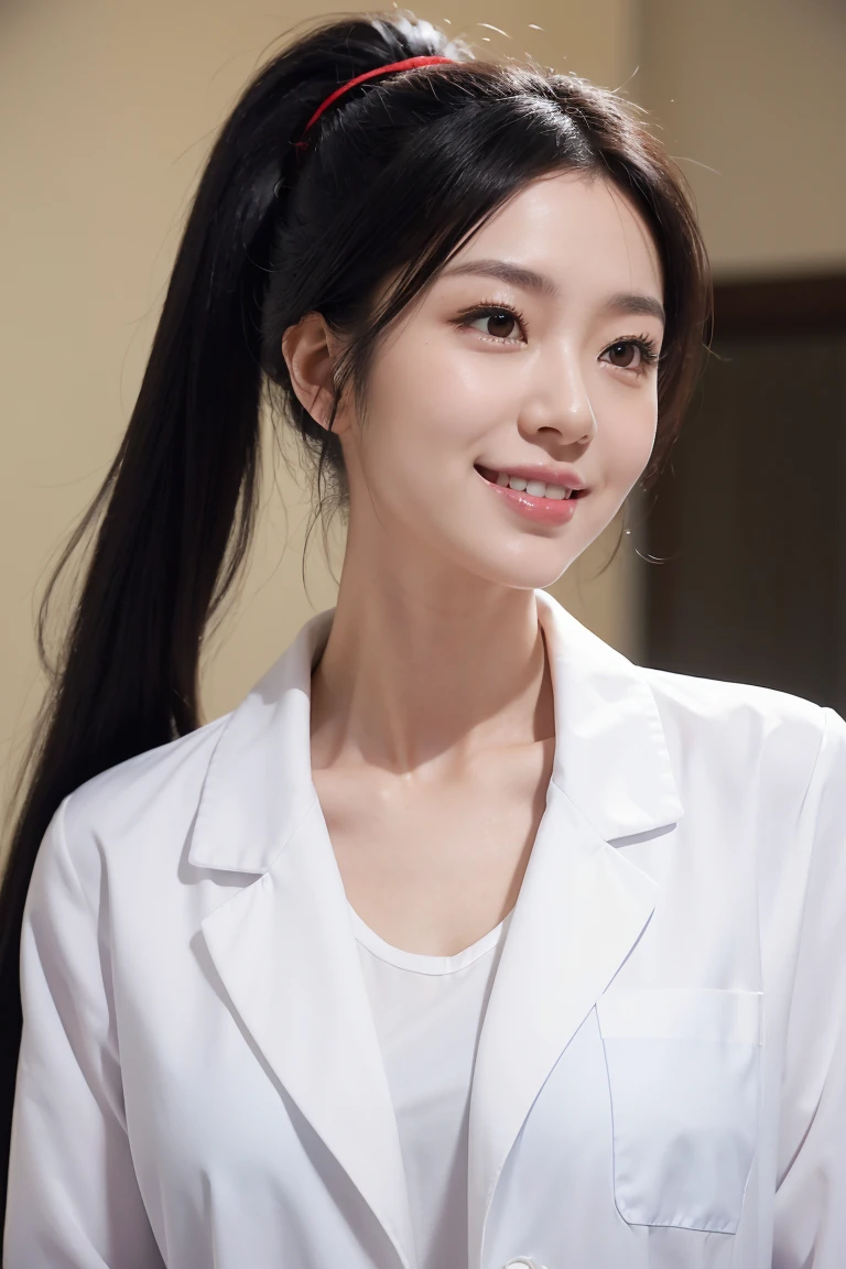 Hospital nurse Wearing a white coat Black haired Japanese woman Age: Around 30 Hair tied back in a ponytail smile Highest quality、8K UHD+、Leica digital SLR camera、live-action