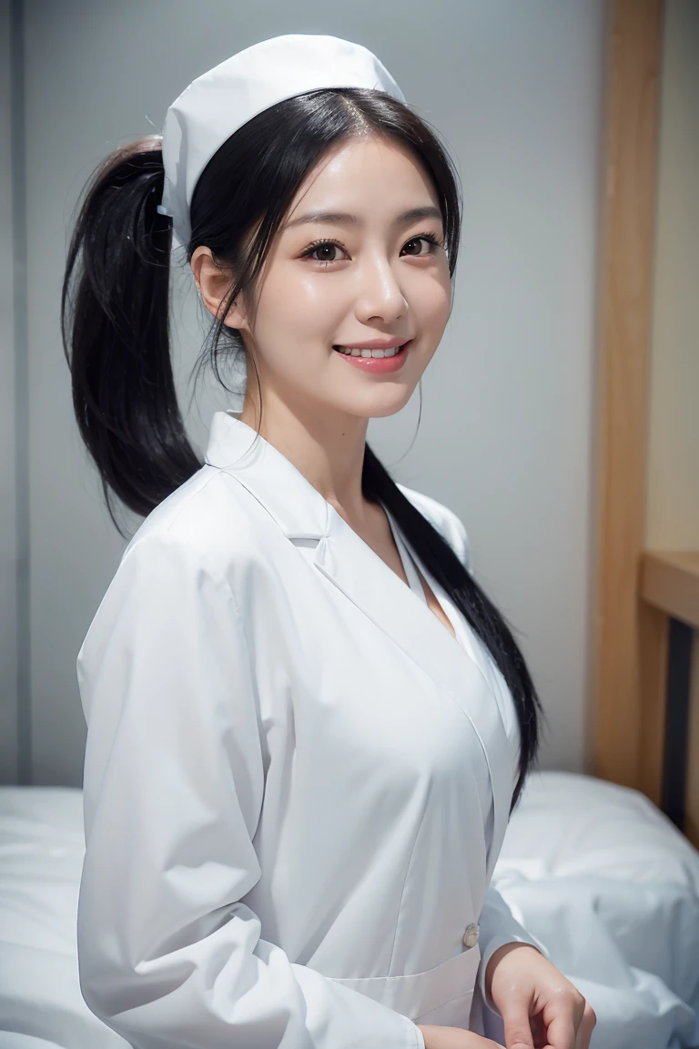 Hospital nurse　Wearing a white coat　Black haired Japanese woman　Age: Around 30　Hair tied back in a ponytail　smile　Highest quality、8K  UHD+、Leica digital SLR camera、live-action