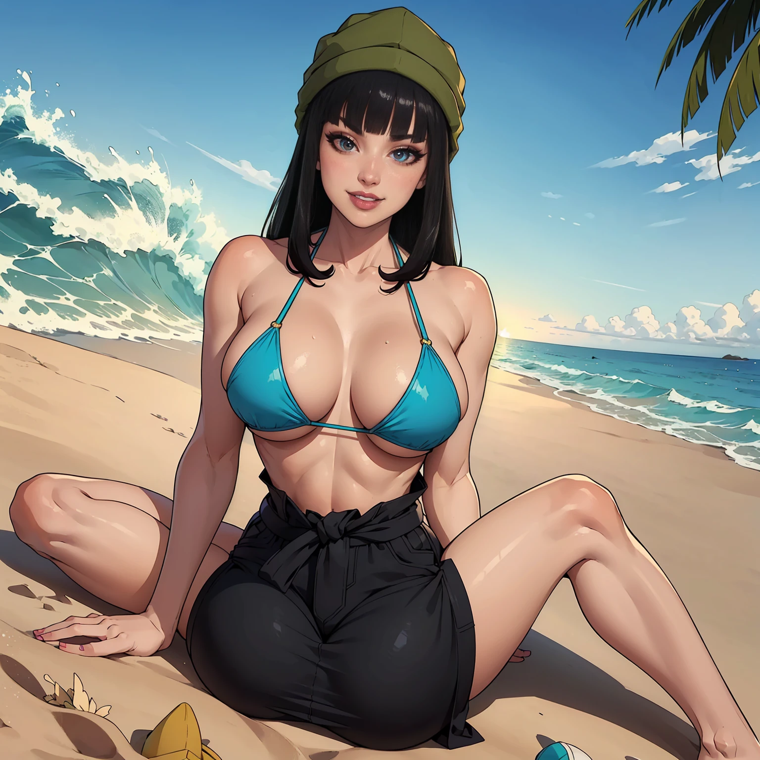 mai, ((long black hair, blunt bangs, glowing black eyes, lipstick, makeup, narrow waist, skinny, medium breasts, alone)), pelvic curtain, ((blue bikini, hat, green headwear)), full body, perfect body, (insanely detailed, beautiful detailed face, masterpiece, best quality) , (((solo))), (((1girl))), (((mature))), (extremely detailed 8k paper CG wall unit: 1.1), (beach, sand, ocean dusk), (smile face for the viewer), sitting Beach sarong,