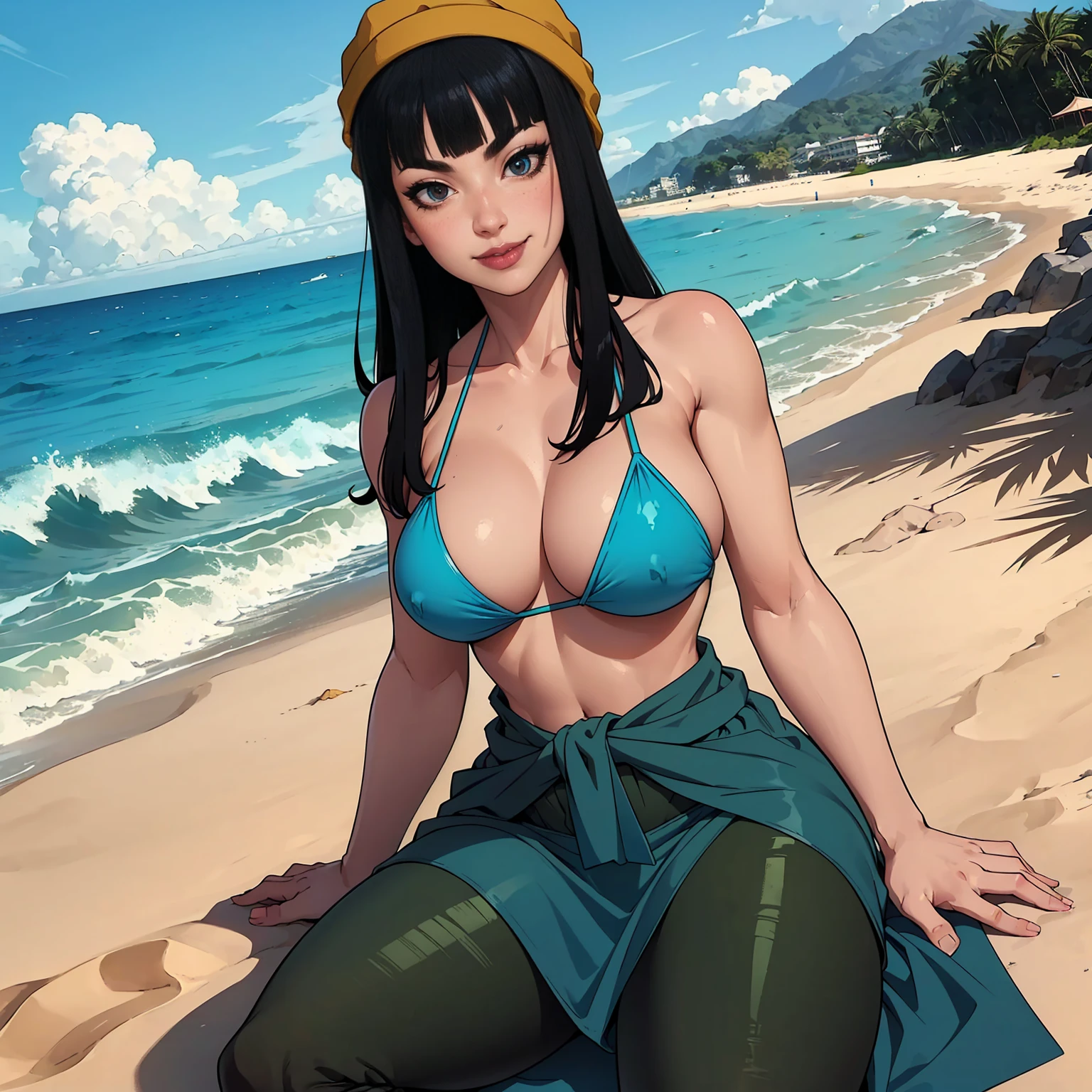 mai, ((long black hair, blunt bangs, glowing black eyes, lipstick, makeup, narrow waist, skinny, medium breasts, alone)), pelvic curtain, ((blue bikini, hat, green headwear)), full body, perfect body, (insanely detailed, beautiful detailed face, masterpiece, best quality) , (((solo))), (((1girl))), (((mature))), (extremely detailed 8k paper CG wall unit: 1.1), (beach, sand, ocean dusk), (smile face for the viewer), sitting Beach sarong,