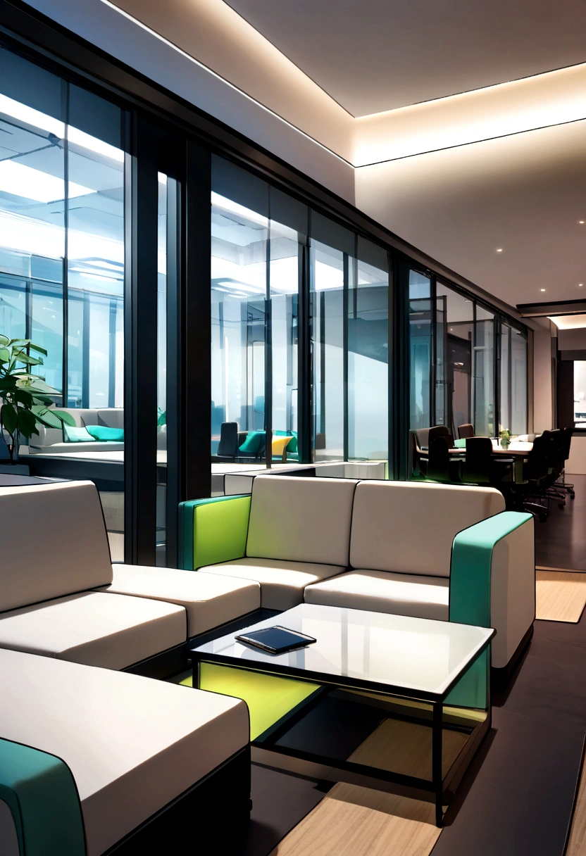 Modern lounge for office with two officer tables cosy sofa decorative ambient lighting glass partition for emerald hub