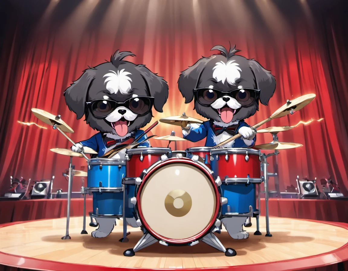 Two Adorable small happy black Shih Tzu puppies playing guitar playing drums on a concert stage wearing sun glasses Pixar style cartoon 3D red white and blue background