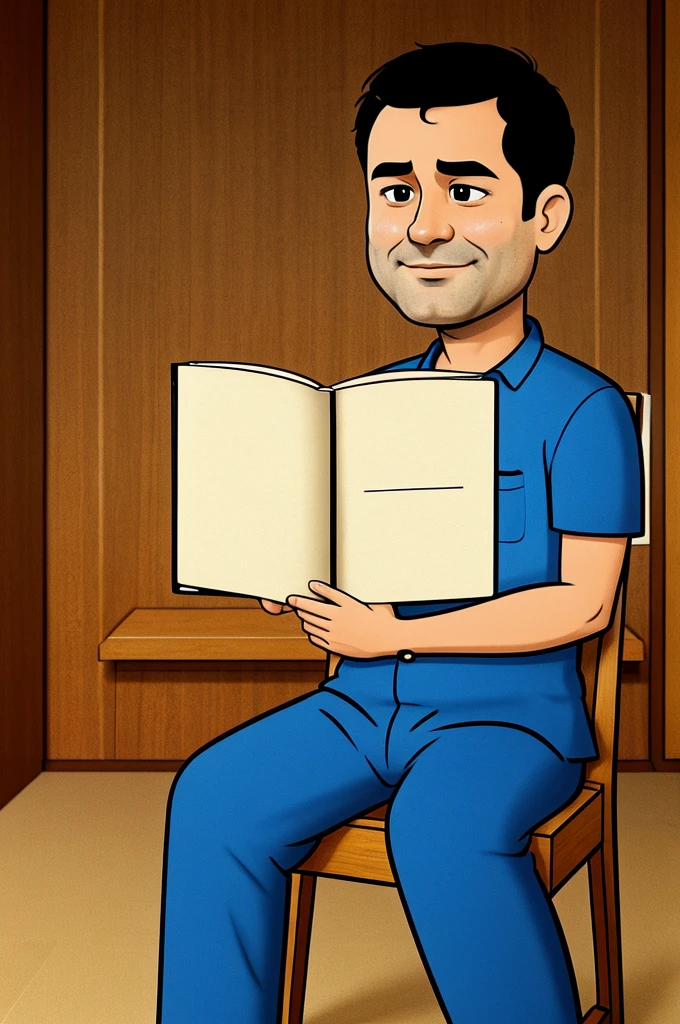 Rahulgandhi sitting on book named constitution. Cartoon. Line art.