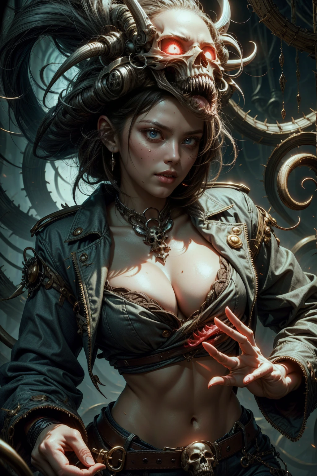 woman pirate, bluish skin, holding a skull head in hands, sexy sensual
