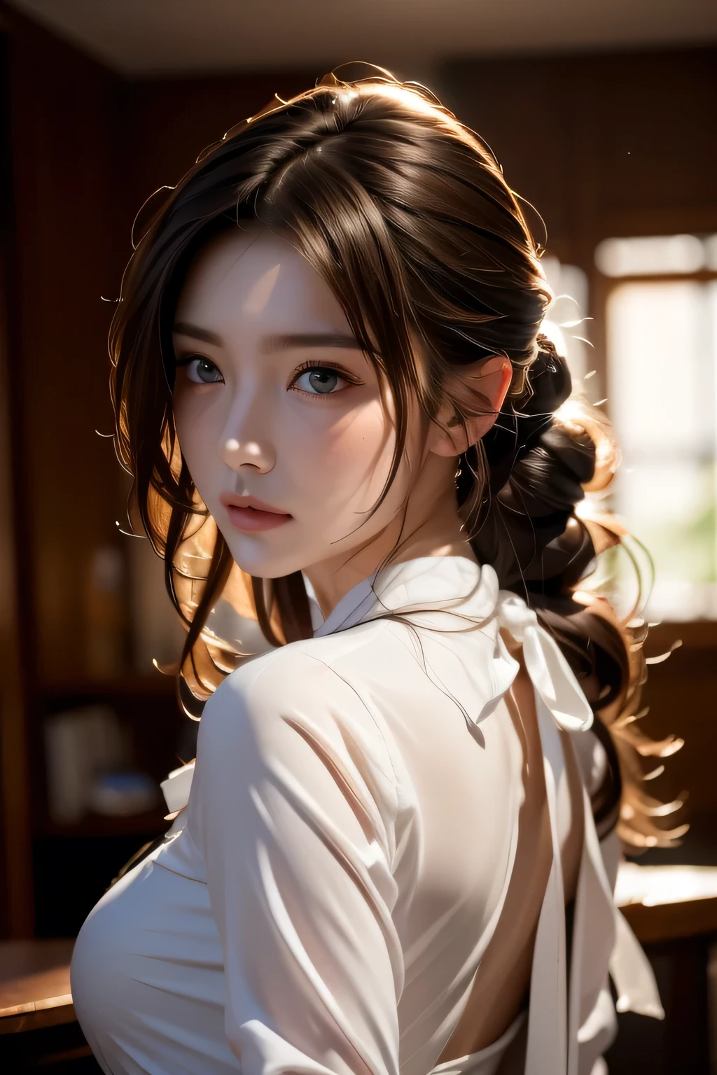 8k portrait of a beautiful dark-haired cyborg、Complex、elegant、Very detailed、Majestic、Digital photography、Art by artgerm, Ruan Jia and Greg Rutkowski、Surreal painting、(White shirt and ribbon tie、Black semi-tight skirt)、Front slit、Inside the cafe、(masterpiece、Side light、Beautiful eyes in every detail: 1.2) )、Hmph、masterpiece, 最high quality, high quality, High resolution, 