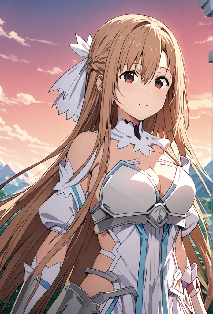 ((masterpiece)), Highest quality, Very detailed,(One Girl),Yuki Asuna、Asuna (Stay), Brown eyes,Two rows vertically and two eyes horizontally,  Bare shoulders, chest当て, armor, Removable sleeves, gloves, white gloves, dress, (red and white dress), Long Hair, Beautiful background ,clothing,  chest, 