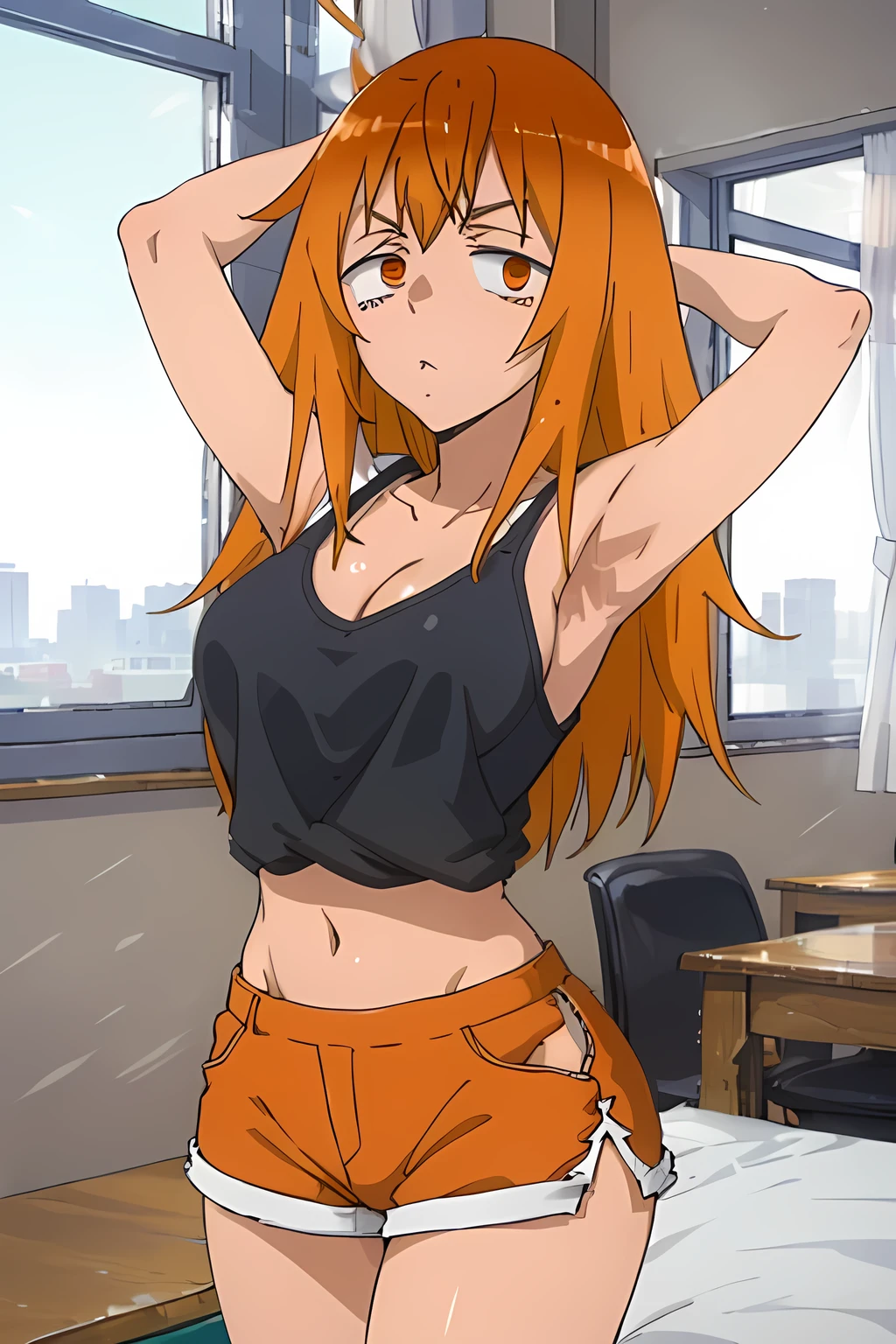 best quality, masterpiece, high resolution, alone, gamo chan from the anime Ijiranaide Nagatoro San, orange eyes, orange hair, thighs, voluptuous body, black shorts, black top, with arms back, normal expression.