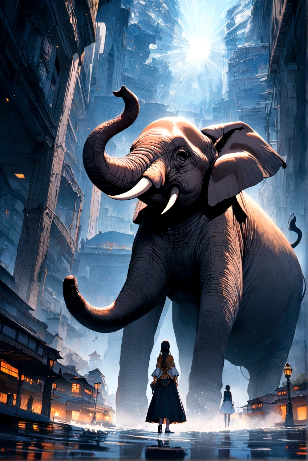 巨大なElephant lifts his trunk、Water splashes、太陽のLight shines in、(最high quality, high quality, Very detailed, Intricate details, High resolution, 8K, RAW Photos:1.25), Elephant lifts his trunk、An elephant bigger than a building、Ultra high definition、Light shines in、Water splashes、Sunshine and water reflections