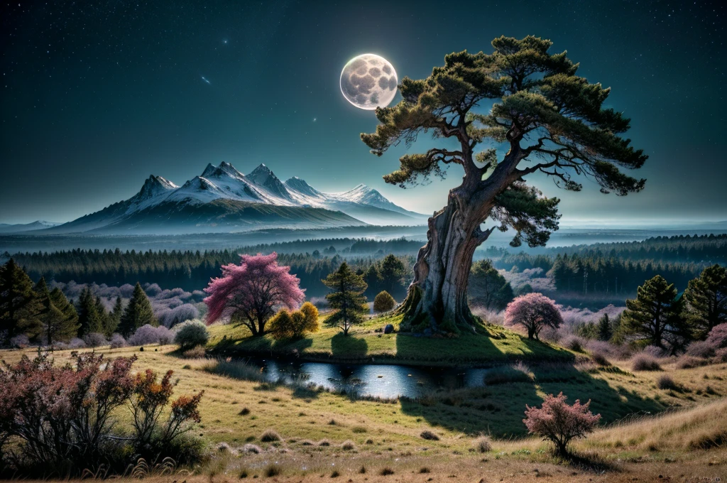(The landscapes around are epic and grandiose).., filmed in ultra high definition (16K uhd) highlight complex details, (Photorealistic,Ultra realistic, Best quality), resembling a masterpiece of professional photography, (A fascinating sight), (Incredible), (inexplicable), in a surreal setting, (One tree), (very strange tree), (amazing tree), (seems out of this world), (the full moon illuminates), The composition has an ideal anatomy..., shot from a dynamic angle to enhance visual impact. Dramatic lighting accentuates the scene, (ultra detailed photo, HDR, uhd, 16K), (ultra detailed landscape), (scenic professional photography, Raw photo), combination of bright colors,Ring, Issley