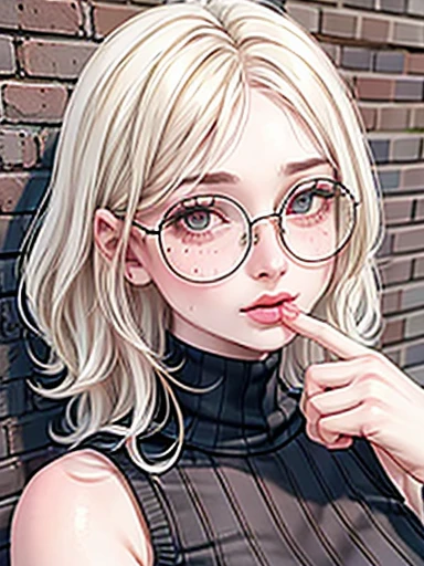 dynamic close-up of the upper part of 1 Woman with freckles, extremely albino, extremely thin and beautiful, perfect body, well-shaped face, skin with highly detailed depth, she is Against a brick wall, (haircut, wavy hair and blonde), (detailed eyes, large, bright, light brown eyes, curved eyelashes, large glasses), (making a sensual pout with her mouth), wearing a short sweater showing shoulders, ultra realistic image, vibrating and spiky, dynamic vision, high quality 32k , hyper-realistic, cinematic.