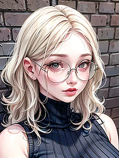 dynamic close-up of the upper part of 1 Woman with freckles, extremely albino, extremely thin and beautiful, perfect body, well-shaped face, skin with highly detailed depth, she is Against a brick wall, (haircut, wavy hair and blonde), (detailed eyes, large, bright, light brown eyes, curved eyelashes, large glasses), (making a sensual pout with her mouth), wearing a short sweater showing shoulders, ultra realistic image, vibrating and spiky, dynamic vision, high quality 32k , hyper-realistic, cinematic.