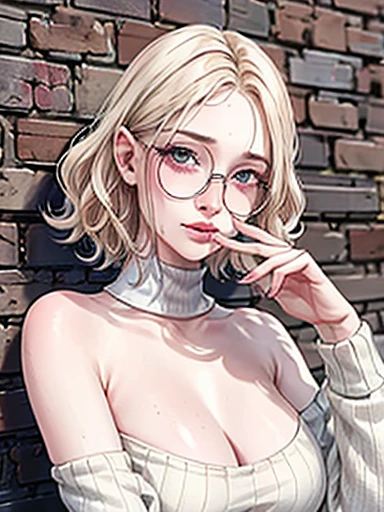 dynamic close-up of the upper part of 1 Woman with freckles, extremely albino, extremely thin and beautiful, perfect body, well-shaped face, skin with highly detailed depth, she is Against a brick wall, (haircut, wavy hair and blonde), (detailed eyes, large, bright, light brown eyes, curved eyelashes, large glasses), (making a sensual pout with her mouth), wearing a short sweater showing shoulders, ultra realistic image, vibrating and spiky, dynamic vision, high quality 32k , hyper-realistic, cinematic.