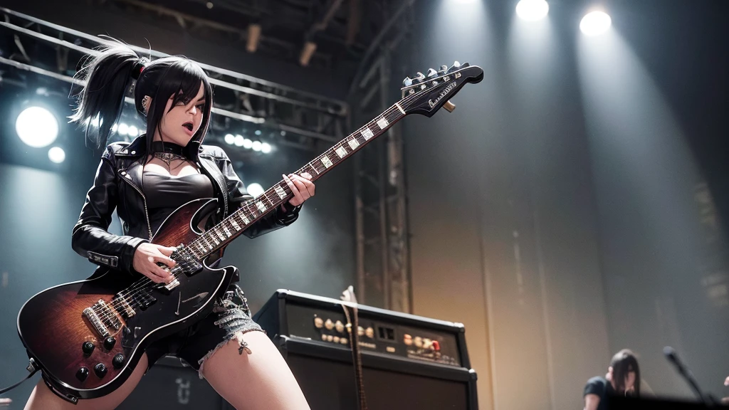 Heavy metal, biker chick with chains and spikes, ferocious expression, powerful female rock star, black leather, dressed in black leather jacket and torn jeans, dark eyeliner and black lipstick, heavy music, fierce woman, standing tall, epic guitar solo, guitar on fire, woman solo electric guitar, female guitarist of metal, woman playing the guitar, electric guitar made of metal, flames on stage, female rocker playing a concert,