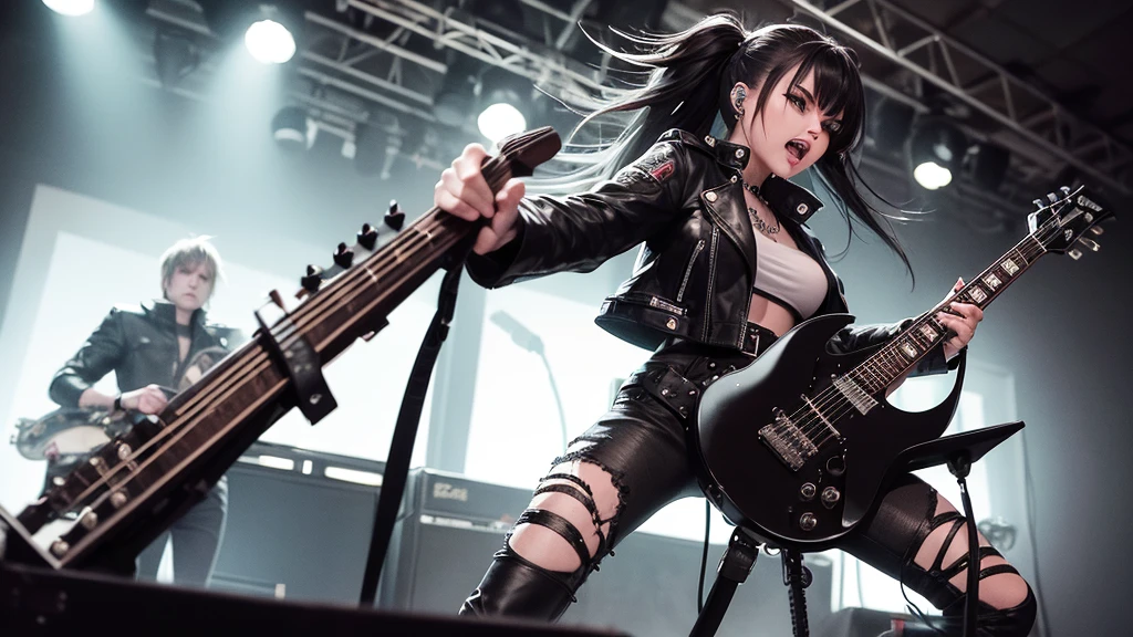 Heavy metal, biker chick with chains and spikes, ferocious expression, powerful female rock star, black leather, dressed in black leather jacket and torn jeans, dark eyeliner and black lipstick, heavy music, fierce woman, standing tall, epic guitar solo, guitar on fire, woman solo electric guitar, female guitarist of metal, woman playing the guitar, electric guitar made of metal, flames on stage, female rocker playing a concert,