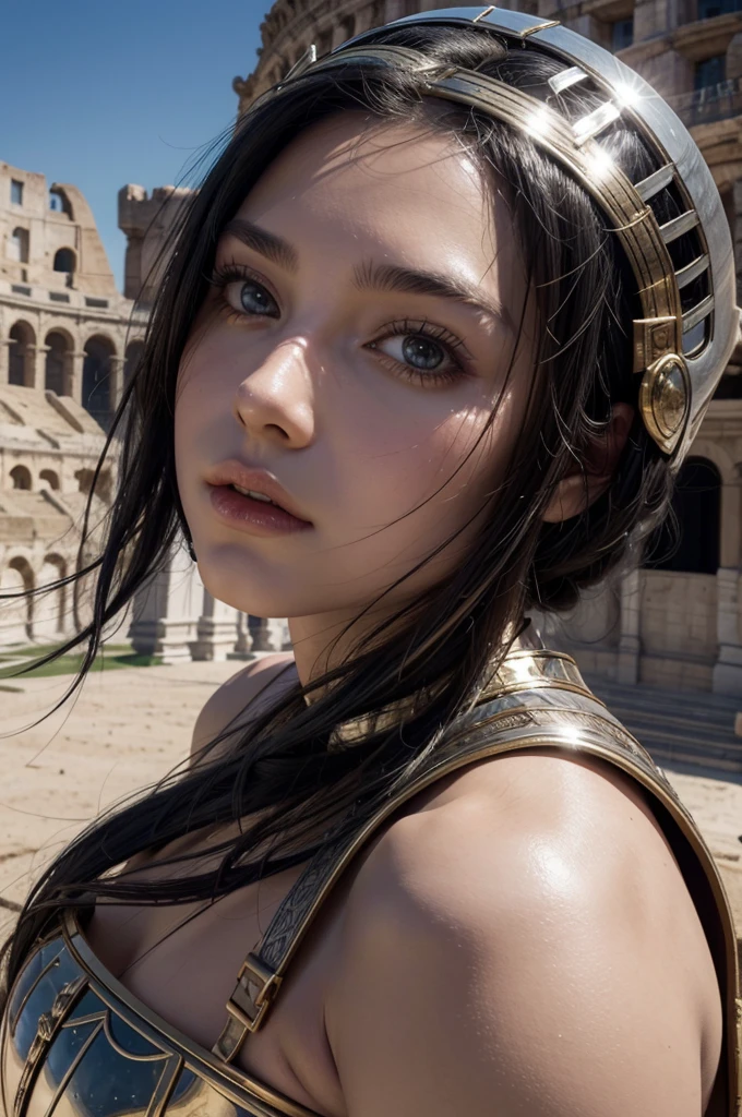 beautiful woman beautiful body sex, black haired gladiator sex, mirrored short armor roman helmet sword, luxury, short shorts, coliseum arena in battle. 8k realism
